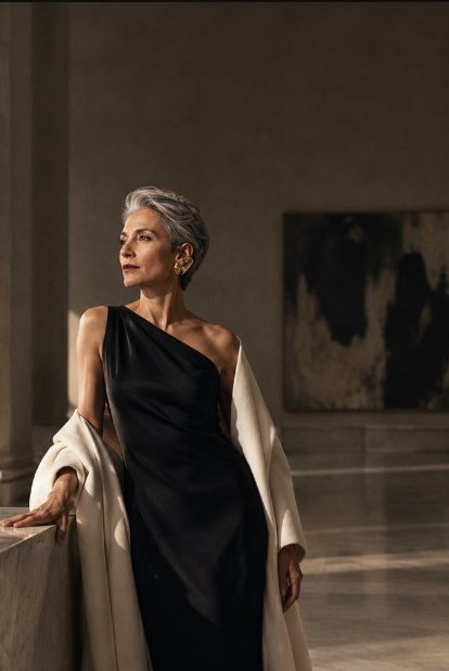 Woman in black one-shoulder gown