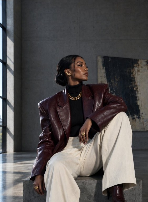 Executive seated in burgundy leather jacket