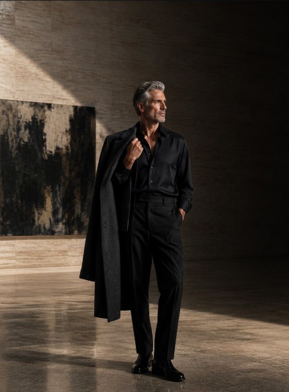 Executive in black suit, editorial portrait