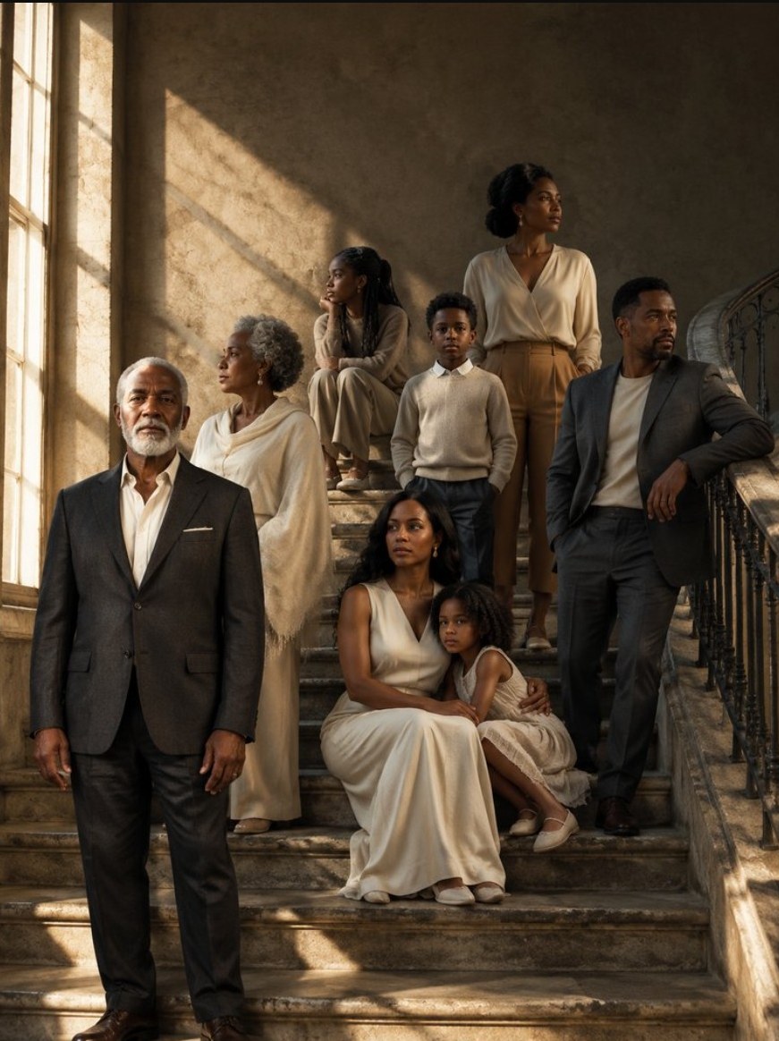 Multi-generational family on grand staircase