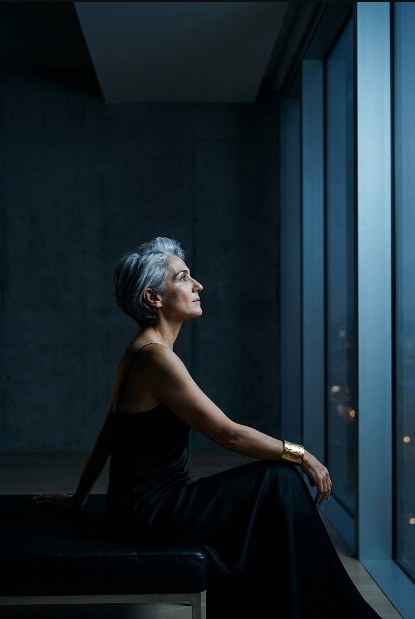 Portrait by window at blue hour