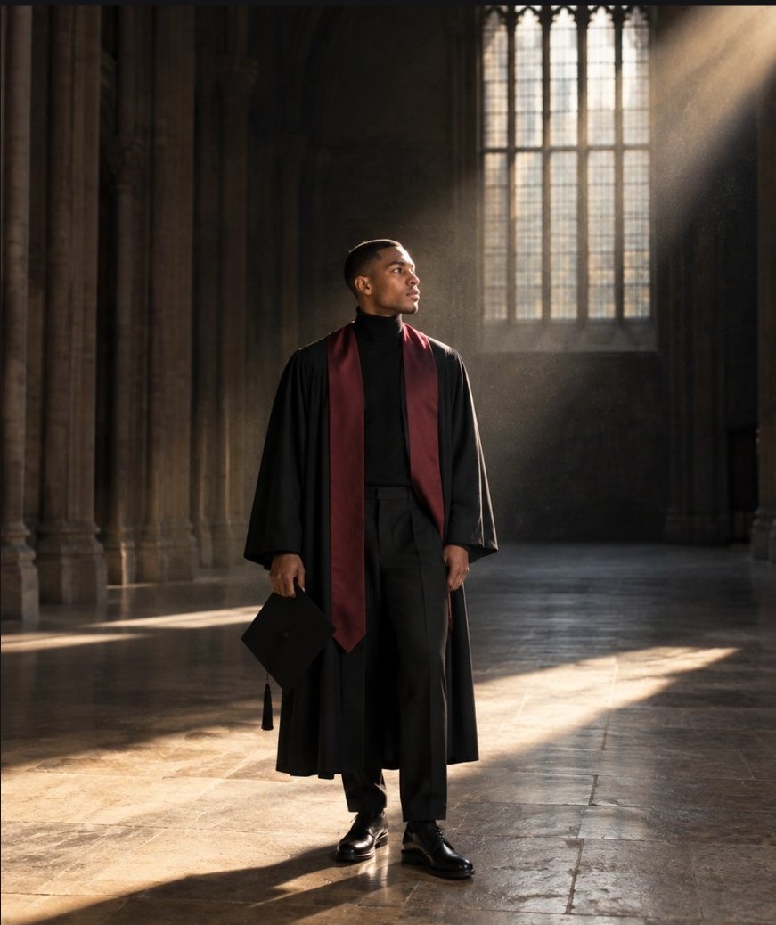 Graduate in gown in cathedral light